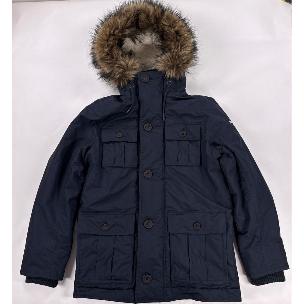 Abercrombie & Fitch Mens Parka Medium Navy Blue Sherpa Lined Faux Fur Hood Coat